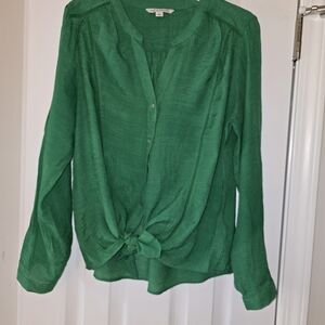 Green Tie-Front Long-Sleeve Blouse, Size L